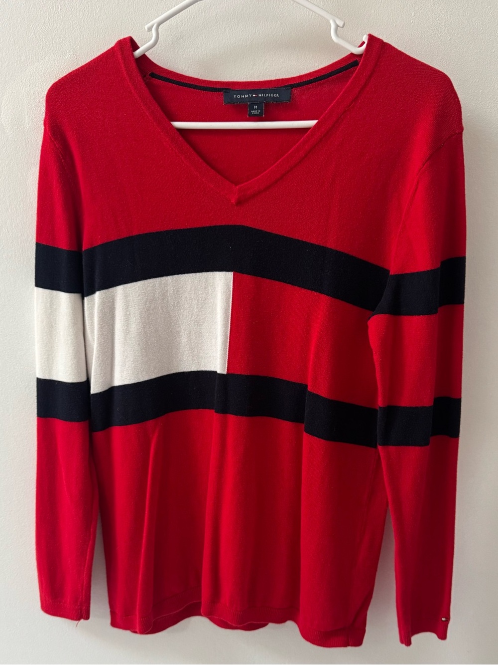 Tommy Hilfiger Red V-Neck Sweater with Black and White Stripes